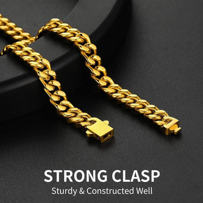 ChainsHouse Stainless Steel Mens Cuban Link Chain, Black/ 18K Gold Plated Miami Cuban Chain Necklace, 5mm/7mm/9mm/12mm/14mm Width, No Tarnish& Durable Hip Hop Mens Jewelry, 18"-30", Send Gift Box - color: e. 7mm width-gold, size: 20 inches