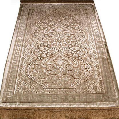 Modefa Luxury Velvet Prayer Rug with Prayer Beads | Soft Elegant Muslim Turkish Janamaz Sajada Carpet for Men and Women | Plain Solid Prayer Mat Ramadan Eid Gift - Paisley (Golden Beige) - color: Golden Beige