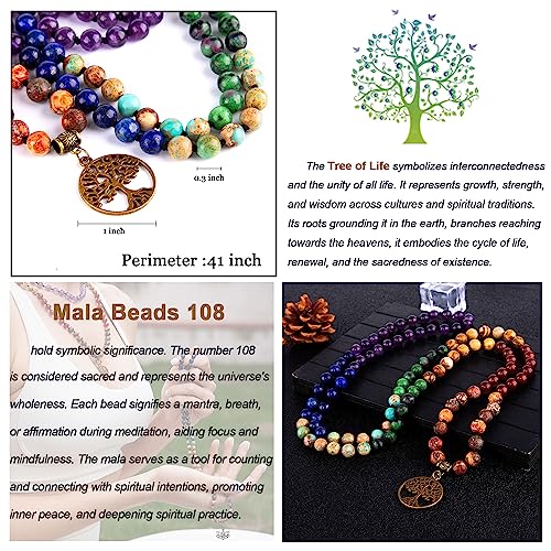 Bivei 7 Chakra 108 Mala Beads Bracelet Real Gemstone Yoga Meditation Hand Knotted Mala Prayer Bead Necklace - size: 8mm, style: # Life Tree - 7 Chakras