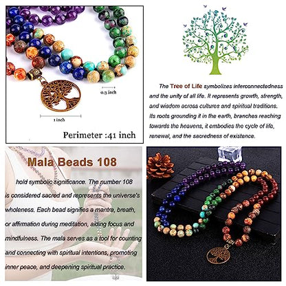Bivei 7 Chakra 108 Mala Beads Bracelet Real Gemstone Yoga Meditation Hand Knotted Mala Prayer Bead Necklace - size: 8mm, style: # Life Tree - 7 Chakras