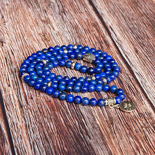 Bivei 108 Mala Beads Necklace Long Beaded Wrap Bracelets Genuine Gemstone Mala Prayer Beads Lotus Buddha Charm Yoga Meditation Necklace - color: Lapis Lazuli-Lotus OM-Buddha