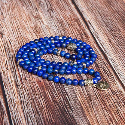 Bivei 108 Mala Beads Necklace Long Beaded Wrap Bracelets Genuine Gemstone Mala Prayer Beads Lotus Buddha Charm Yoga Meditation Necklace - color: Lapis Lazuli-Lotus OM-Buddha