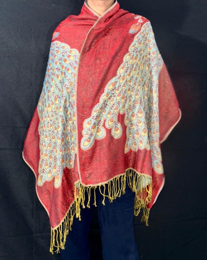 Boho LUXURY Wool Prayer Shawl Large Reversible Pashmina Blue Red metallic gold Peacock Silk Scarf nyc Travel Blanket Winter YOGA Wraps Elegant Meditation blanket Bohemian unisex in Autumn PREMIUM wrap