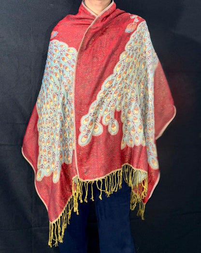 Boho LUXURY Wool Prayer Shawl Large Reversible Pashmina Blue Red metallic gold Peacock Silk Scarf nyc Travel Blanket Winter YOGA Wraps Elegant Meditation blanket Bohemian unisex in Autumn PREMIUM wrap