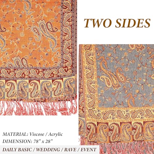 Achillea Reversible Paisley Pashmina Rave Scarf – Exotic Indian Shawls and Wraps for Evening Dresses, Festivals, All Seasons - color: Orange