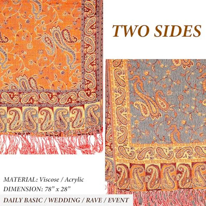 Achillea Reversible Paisley Pashmina Rave Scarf – Exotic Indian Shawls and Wraps for Evening Dresses, Festivals, All Seasons - color: Orange