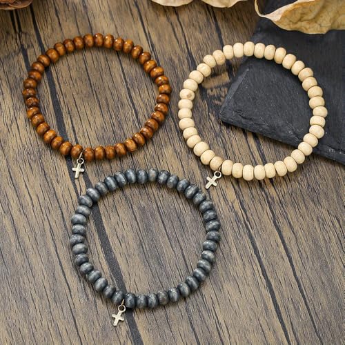 Puka Shell Bracelet for Men Wooden Bracelets Turquoise Stack Beaded Minimalist Trendy Jewelry for Friend Gift - style: 3pcs-Cross