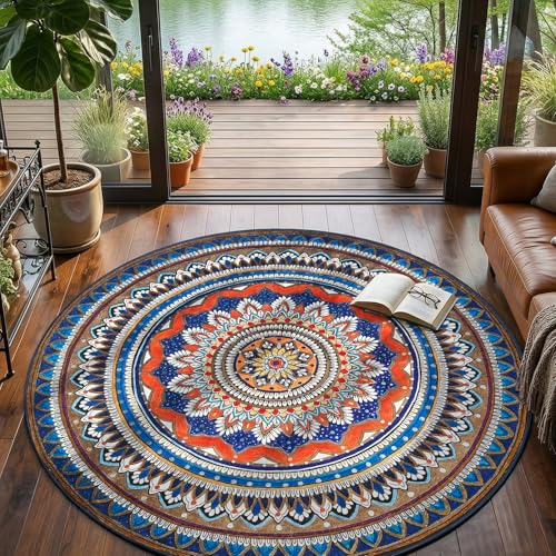 jinchan Mandala Round Rug 6ft Blue Rustic Boho Washable Rug Tribal 6' Round Vintage Peaceful Circle Rug Soft Non Slip Low-Profile Carpet for Living Room Bedroom Dining Room Patio, Saffron Blue - color: Saffron Blue, size: 6' (Round)