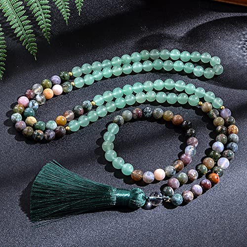 108 Mala Prayer Beads Necklace 8mm Natural Stones Meditation Yoga Jewelry Sets 108 Hand Made Japa Mala Beaded Long Tassel Necklace with Tassel Pendant for Men and Women - color: Indian agate + Green aventurine