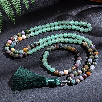 108 Mala Prayer Beads Necklace 8mm Natural Stones Meditation Yoga Jewelry Sets 108 Hand Made Japa Mala Beaded Long Tassel Necklace with Tassel Pendant for Men and Women - color: Indian agate + Green aventurine