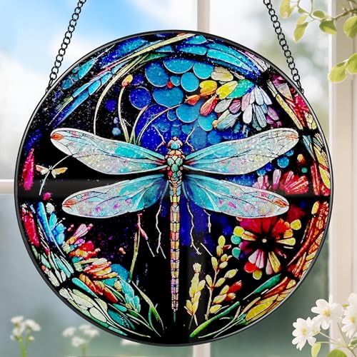 8 Inch Stained Glass Suncatcher Ornament, DOUHASU Dragonfly Sun Catchers Indoor Window, Stained Glass Window Hanging, Home Decor, Dragonfly Lovers Gifts for Women, Mom, Grandma, Friend - color: Dragonfly