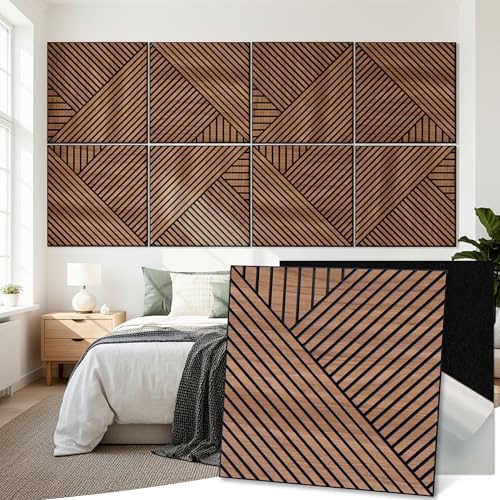 Art Acoustic Wall Panels, 23.6x23.6 Inch 8 Pack, PVC Wood Grain Veneer, Sound Absorbing Self-Adhesive Wall Decor, Thread and Prism Woven Patterns, Walnut, for Home & Studio - color: Thread and Prism Woven Patterns, Walnut, size: 8 Pack Curved