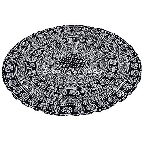 Mandala Round Tapestry Black Printed Tablecloth Picnic Rug Beach Yoga Meditation Mat Cotton Elephant 72 Inches Mandala Throw