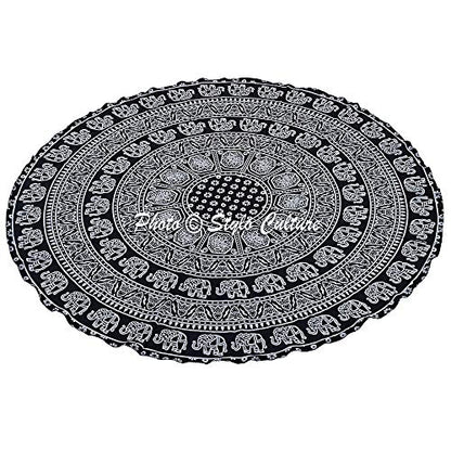 Mandala Round Tapestry Black Printed Tablecloth Picnic Rug Beach Yoga Meditation Mat Cotton Elephant 72 Inches Mandala Throw