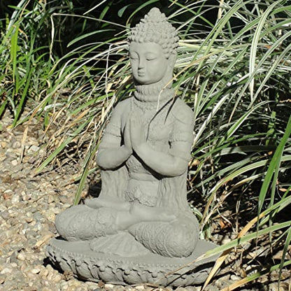 Praying Buddha Statue: Durable Solid Stone Sculpture with Aged Texture. Unique Home Décor, Garden Accent. Sealed for Outdoors. Handcrafted USA. (Antique/Gray)