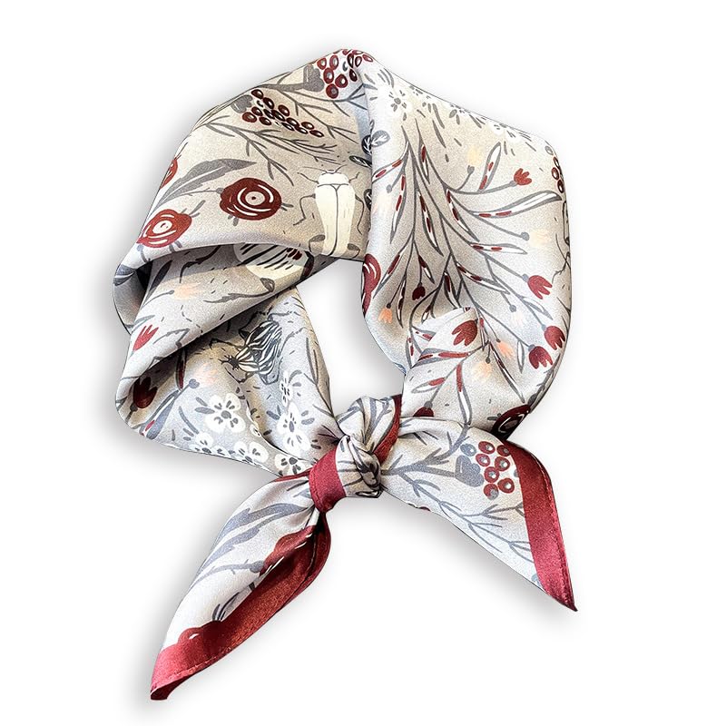 100% Mulberry Silk Neck Scarf - 21'' x 21'' Lightweight Neckerchief - Women Men Small Square Digital Printed Scarves - color: Grey Flower