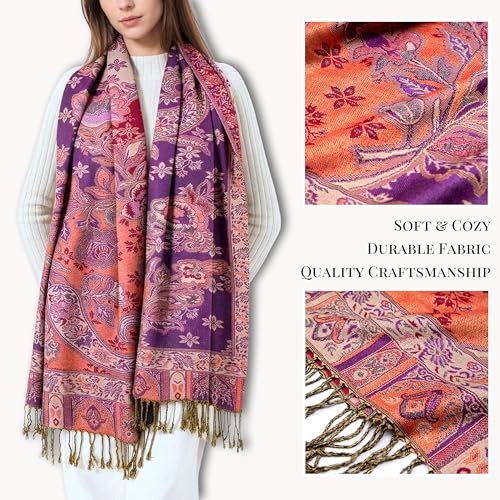 Achillea Elegant Paisley Floral Pashmina Shawl and Wrap – Boho Rave Scarf for Festival, Travel & Everyday Wear - color: Purple Red