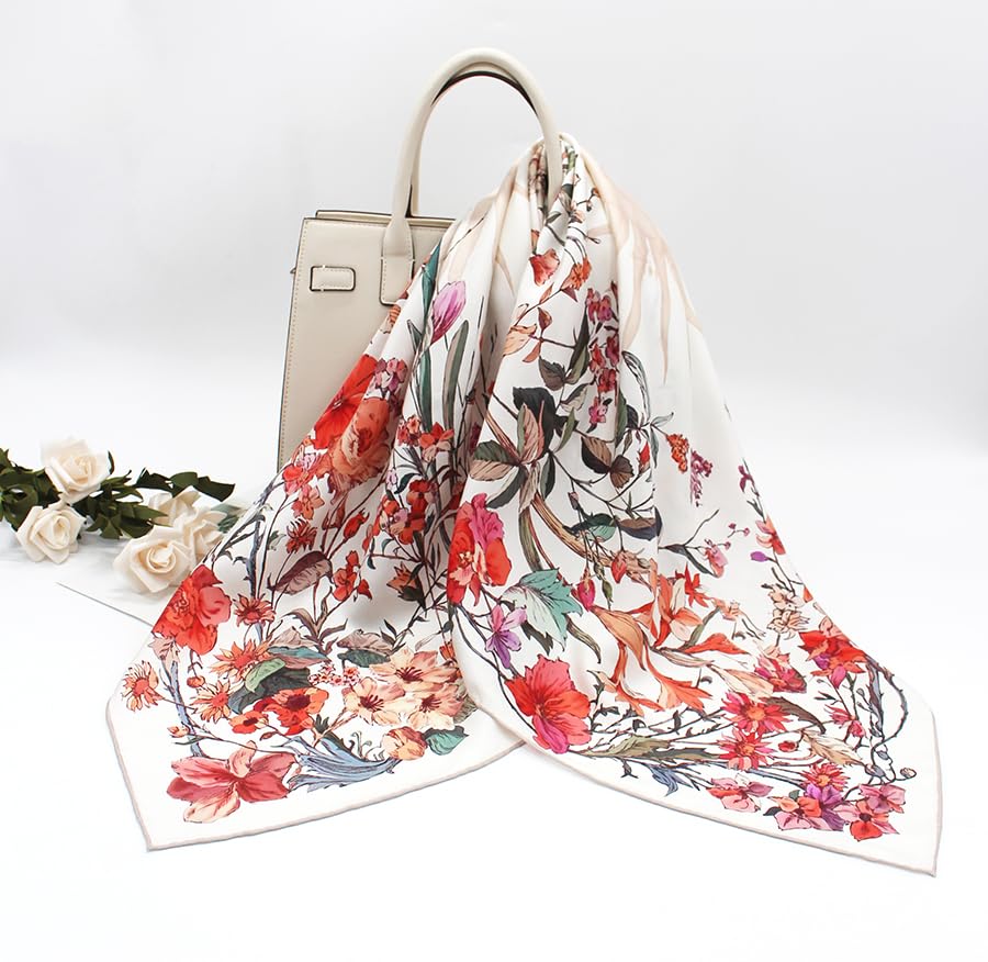 100% Pure Mulberry Silk Scarf 35" Large Square Lightweight Headscarf –Women’s Hair Wraps-With Gift Packed - color: Floral-white-twill