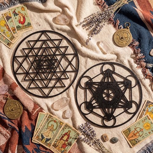 Taiyin 6 Pcs 12 Inch Wooden Sacred Geometry Wall Art Set, Zen Geometric Wall Decor for Home Meditation Room, Inspired Hanging Art with Metatron Cube, Flower of Life, Sri Yantra(Black)