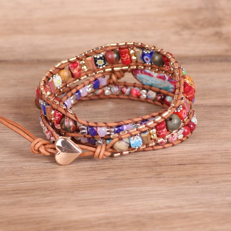 Handmade Boho Wrap Bracelets Natural Turquoise Crystal Stone Variety Beaded Strand Bracelet - color: Red Heart