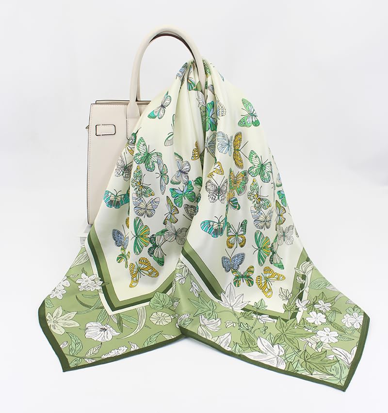 100% Pure Mulberry Silk Scarf 35" Large Square Lightweight Headscarf –Women’s Hair Wraps-With Gift Packed - color: Butterflies-light Green