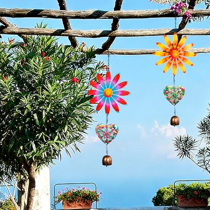 Metal Flowers Hanging Decor, Flower Wind Chime Bell Hanging Decor for Outdoor Garden Yard Doors Walls Living Rooms Bedrooms, 2 Pack (Flower-a-Heart) - style: flower-a-heart