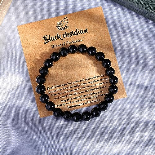 MAIBAOTA Healing Crystal Bracelet for Women Men, 8/4 mm Natural Stone Beaded Bracelets, Jewelry Birthday Gifts, Round Gemstones Stretch Bracelets - color: Black-Obsidian, size: 8 mm
