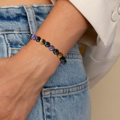 Healing Crystal Bracelet for Women, Natural Stone Beaded Healing Crystal Bracelet Triple Protection Stress Relief Beads Jewelry Birthday Gifts Jewelry for Her - style: Triple Protection-2