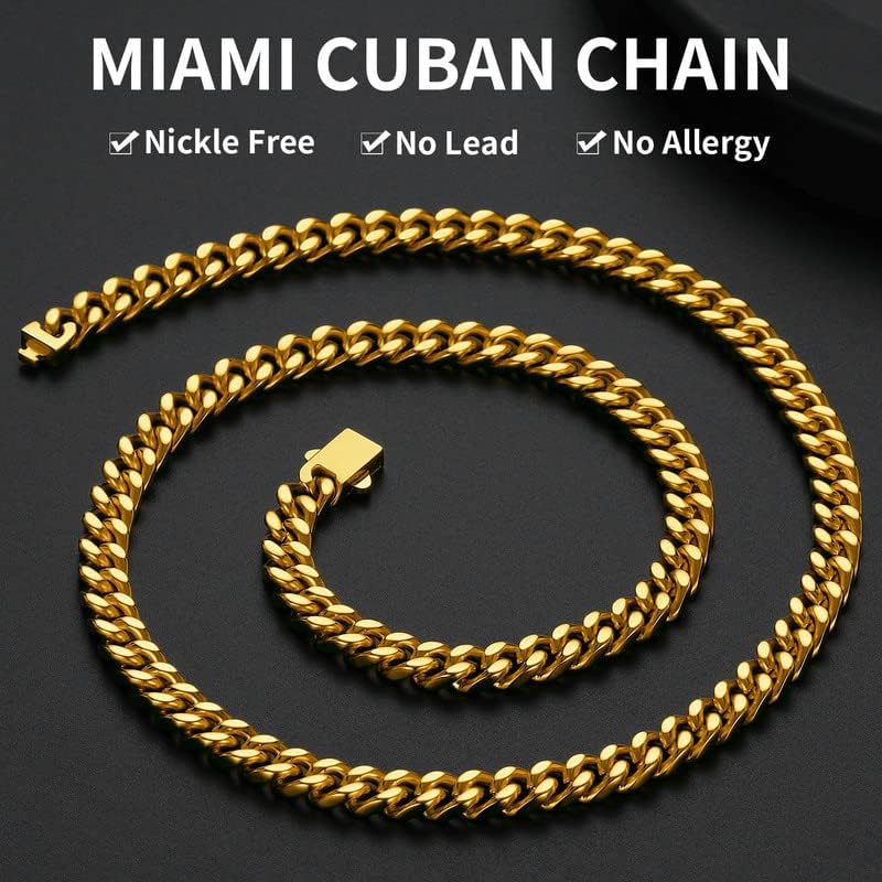 ChainsHouse Stainless Steel Mens Cuban Link Chain, Black/ 18K Gold Plated Miami Cuban Chain Necklace, 5mm/7mm/9mm/12mm/14mm Width, No Tarnish& Durable Hip Hop Mens Jewelry, 18"-30", Send Gift Box - color: e. 7mm width-gold, size: 20 inches