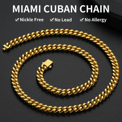 ChainsHouse Stainless Steel Mens Cuban Link Chain, Black/ 18K Gold Plated Miami Cuban Chain Necklace, 5mm/7mm/9mm/12mm/14mm Width, No Tarnish& Durable Hip Hop Mens Jewelry, 18"-30", Send Gift Box - color: e. 7mm width-gold, size: 20 inches