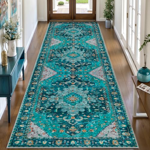 Ciicool 3x8ft Runner Non Slip Rug, Washable Runners Rug Non Shedding Pet Friendly Indoor Floor Long Carpet Hallway for Bathroom Kitchen Living Room Bedside - color: Teal/Multi, size: 3' x 8' (Runner)