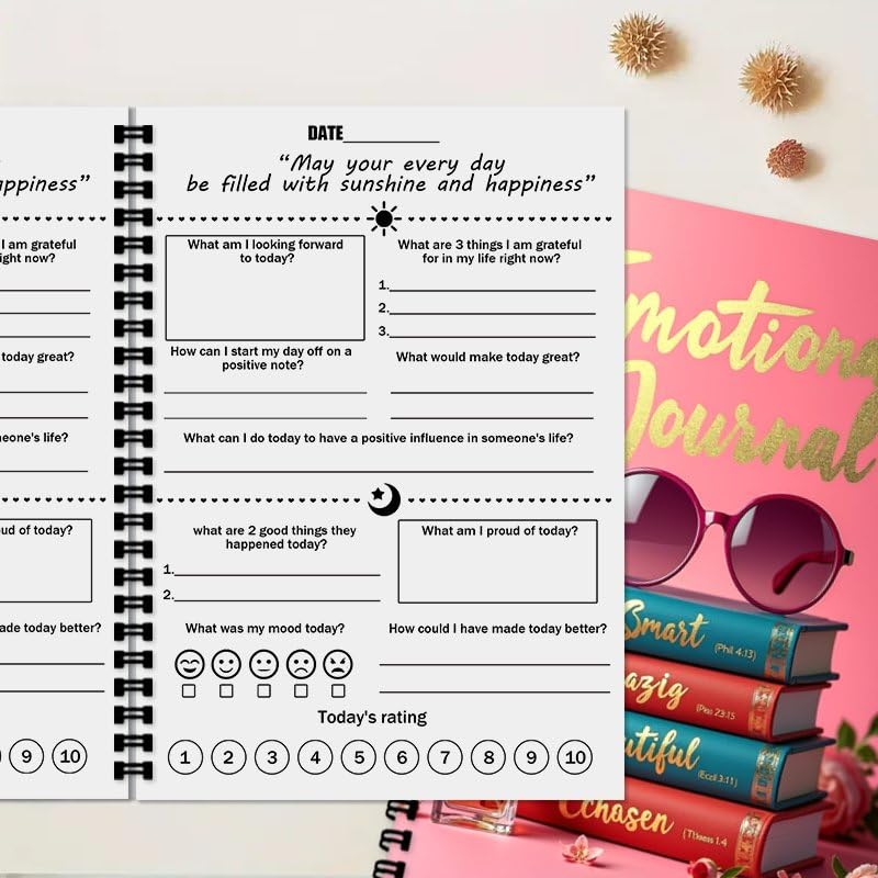 100 Pages A5 Guided Emotions Journal, Self Care Journal, Mental Health Mood Tracker with Prompts Anxiety & Wellness Diary for Women (Book Pattern) - color: Pink-B