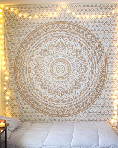 THE ART BOX Glittering Gold Tapestry Wall Hanging Mandala- Indian Cotton Throw Hippie Tapestries - Boho Bedding White Golden Queen Bedspread 85x90 inches-Meditation Yoga Rugs Mats - color: Gold and White, size: 85"L x 90"W