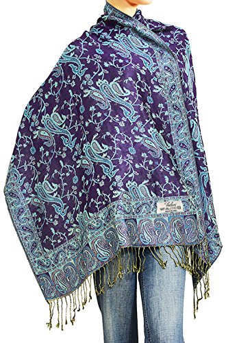 Falari Women's Reversible Paisley Pashmina Shawl Wrap Scarf For Evening Dresses Festivals Any Occasions All Seasons 80"x27" - color: Style 1 - Dark Purple & Turquoise