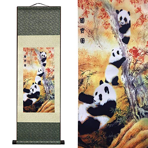 AtfArt Asian Wall Decor Beautiful Silk Scroll Painting National Treasure Chinese Panda Oriental Decor Chinese Art Wall Scroll Wall Hanging Painting Scroll (39 x 12 in) - color: B5