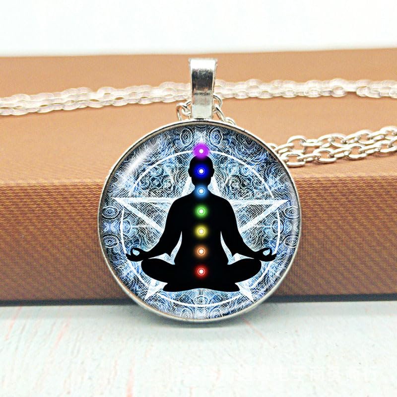 7pcs Yoga Necklace Set, Meditation Motif Necklace, Alloy Meditation Pendant, Seven Chakra Pendant