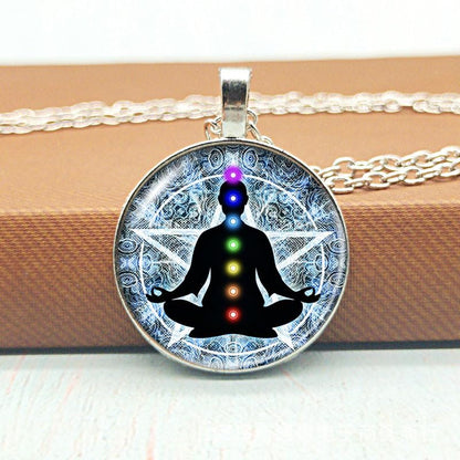 7pcs Yoga Necklace Set, Meditation Motif Necklace, Alloy Meditation Pendant, Seven Chakra Pendant
