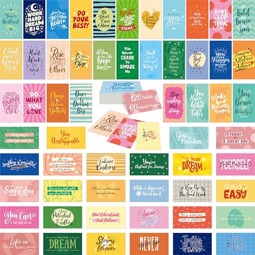120 PCS Motivational Cards, 60 Designs Inspirational Cards with PET Film, Affirmation Words for Primary Middle High Reading Students, Book Lovers (2” x 3.5”)