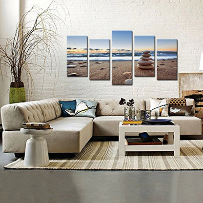 KREATIVE ARTS - 5 Pieces Canvas Prints Wall Art Zen Stones Balance Pebbles Stack on Beach Modern Wall Decor Stretched Gallery Canvas Wrap Giclee Print Ready to Hang (Large Size 60x32inch)