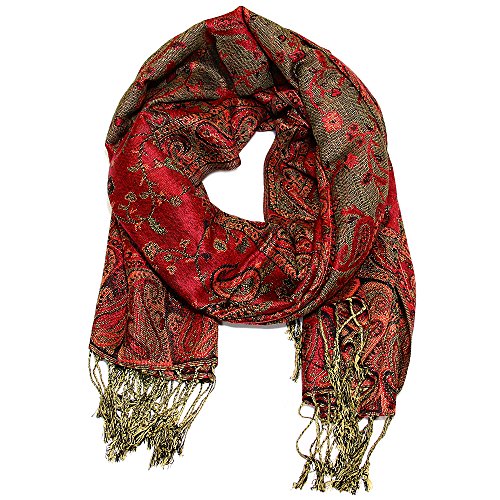 Falari Women's Reversible Paisley Pashmina Shawl Wrap Scarf For Evening Dresses Festivals Any Occasions All Seasons 80"x27" - color: Style 1 - Red