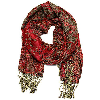Falari Women's Reversible Paisley Pashmina Shawl Wrap Scarf For Evening Dresses Festivals Any Occasions All Seasons 80"x27" - color: Style 1 - Red