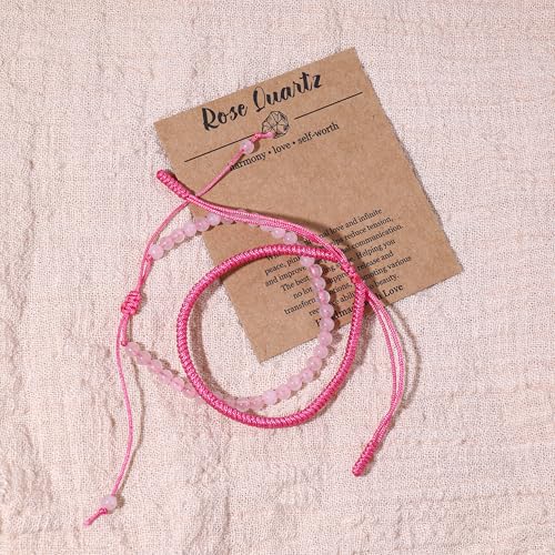 Natural Stone Healing Bracelet Tibetan Braided Style with Adjustable Rope String & Protective Energy Jewelry Gift for Womens & Men - color: Rose Quartz - Pink