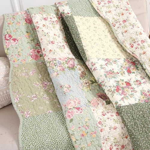 vctops 100% Cotton Quilted Throw Blanket 50x60 Inch Floral Patchwork Reversible All Season Throw (Green B,50"x60") - color: Green B