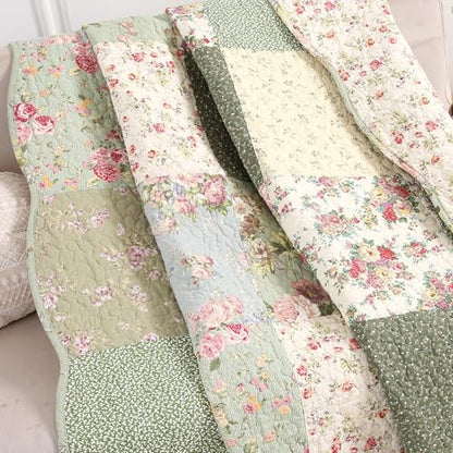 vctops 100% Cotton Quilted Throw Blanket 50x60 Inch Floral Patchwork Reversible All Season Throw (Green B,50"x60") - color: Green B