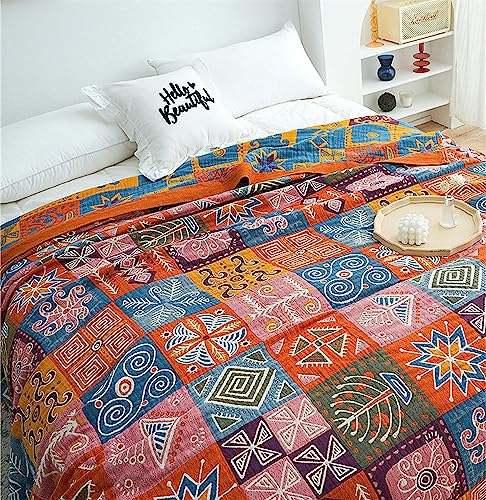 MSGKV Summer Cotton Throw Boho Blanket for Couch Bed, 60"x80" Muslin Brathable Lightweight Travel Decor Blanket for Bedroom - color: Ethnic Flowers, size: 60"x80"
