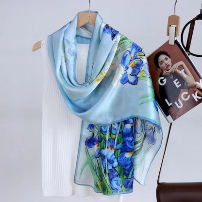 100% Mulberry Silk Long Scarf for Women Large Shawls for Headscarf and Neck- Oblong Hair Wraps with Gift Packed - color: Oil Painting-irises