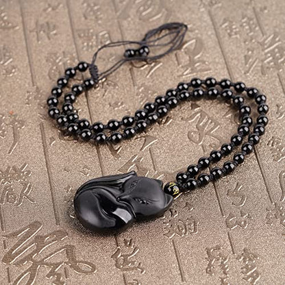 Black Obsidian Necklace Natural Crystal Amulet Protection Pendant with Adjustable Rope Lucky Talisman Necklaces Jewelry Gift for Men Women - color: Fox