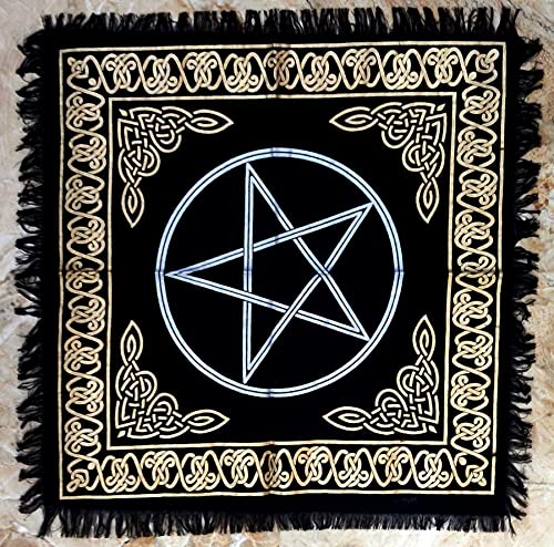 INDACORIFY Pentagram Altar Table Top Cloth with Fringes Alter Tarot Witchcraft Spread Meditational Spiritual Cloth 18x18 in (Gold & Silver Pentagram) - color: Gold & Silver Pentagram