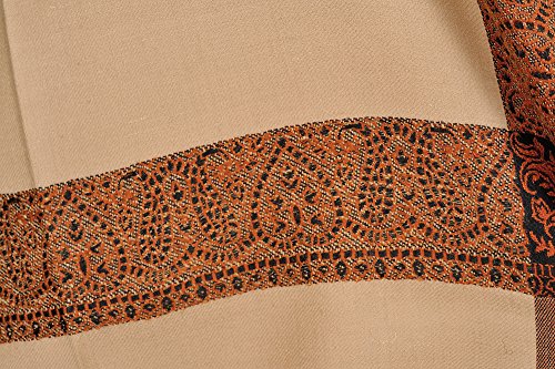 Exotic India Plain Men's Shawl with Brown Woven Border - Pure Wool - color: Khaki