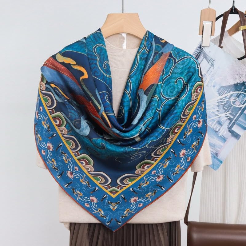 ANDANTINO 100% Silk Scarf 43" Large Square Lightweight Headscarf& Shawl–Women Hair Wraps-With Gift Packed - color: Brown&blue